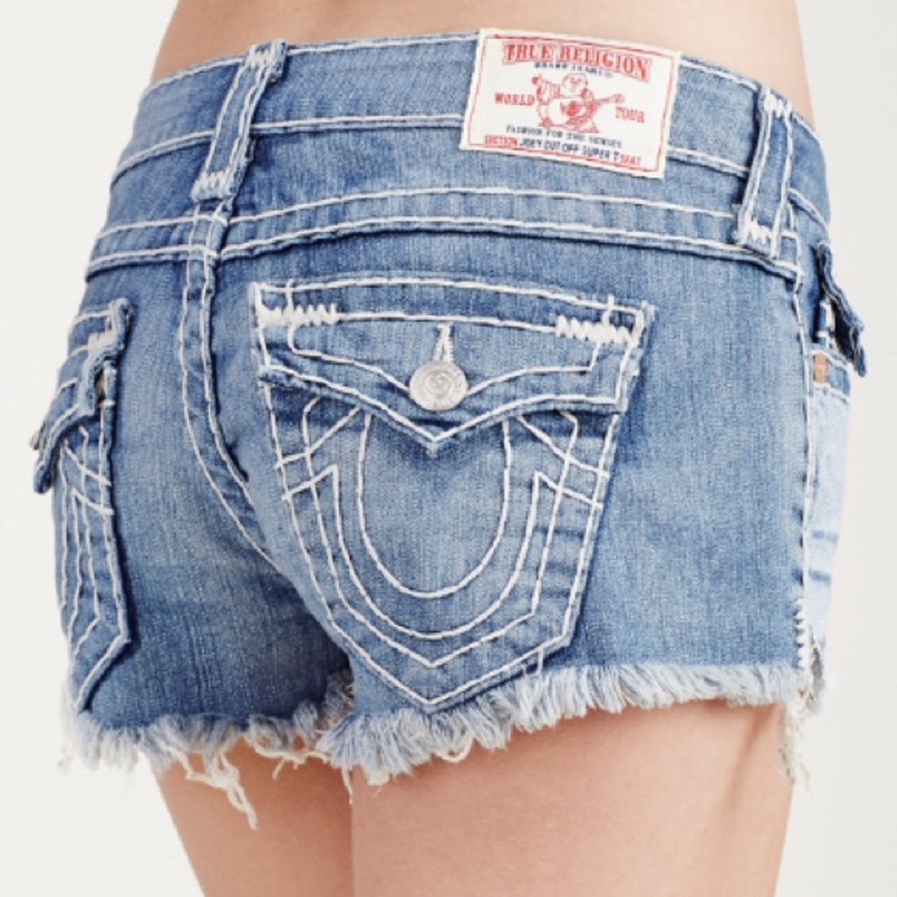 TRUE RELIGION Joey Big T CUT OFF Raised Horseshoe BOHO Jean Shorts Sz 32